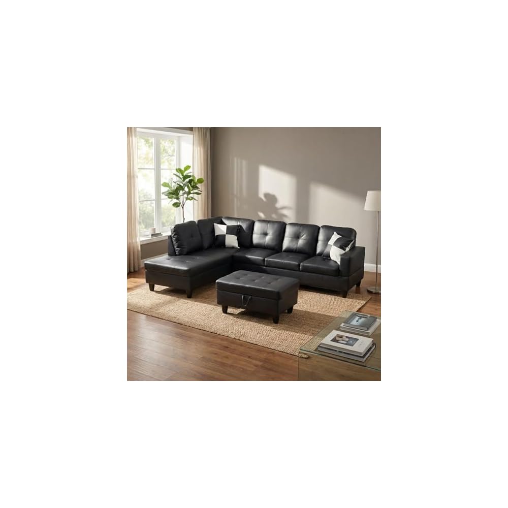 103.5" Modular Leather Sectional Sofa, 4-Seat L-Shaped Couch with Chaise & Storage Ottoman, 3-Piece Convertible Living Room Furniture Set for Apartment Office, Black