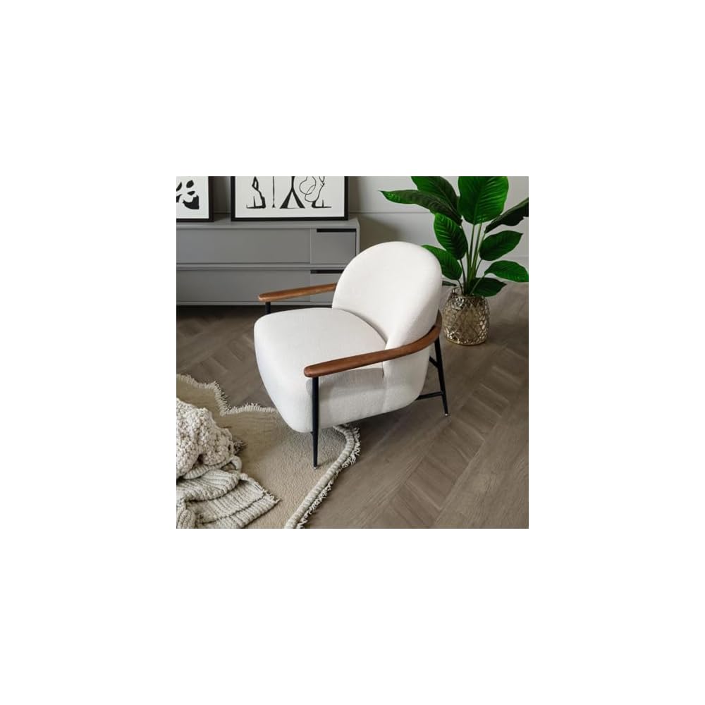 Modern Bouclé Accent Chair with Metal Frame and Wood Armrests, Upholstered Lounge Armchair, Contemporary Leisure Chair for Living Room, Bedroom, Office (White)
