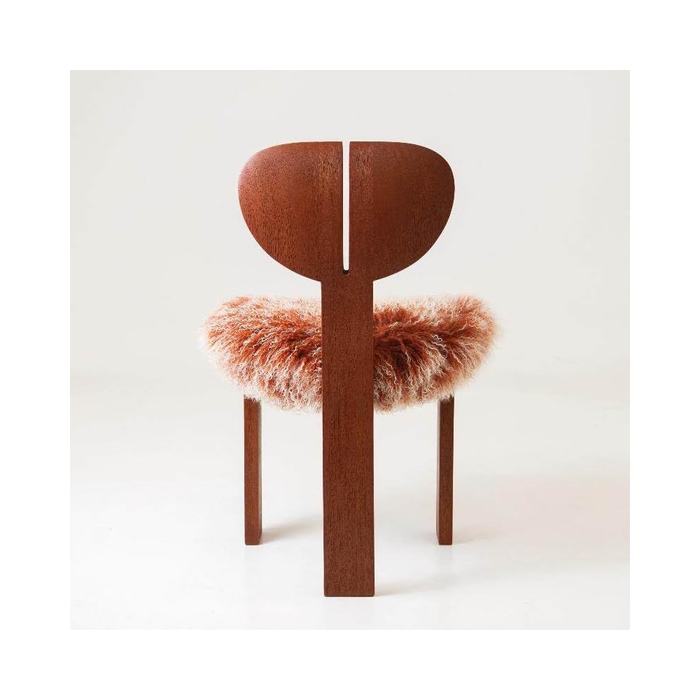 Vintage Solid Wood Vanity Chair with Faux Fur Seat, Artistic Accent Dining Chair, Minimalist Makeup Chair for Bedroom, Living Room