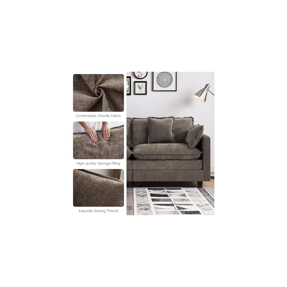 3-Seater Cloud Couch with 2 Ottomans, Oversized Modular Sectional U Shaped Sofa with Deep Seat Cushions, Comfy Chenille Couch for Living Room, Brown