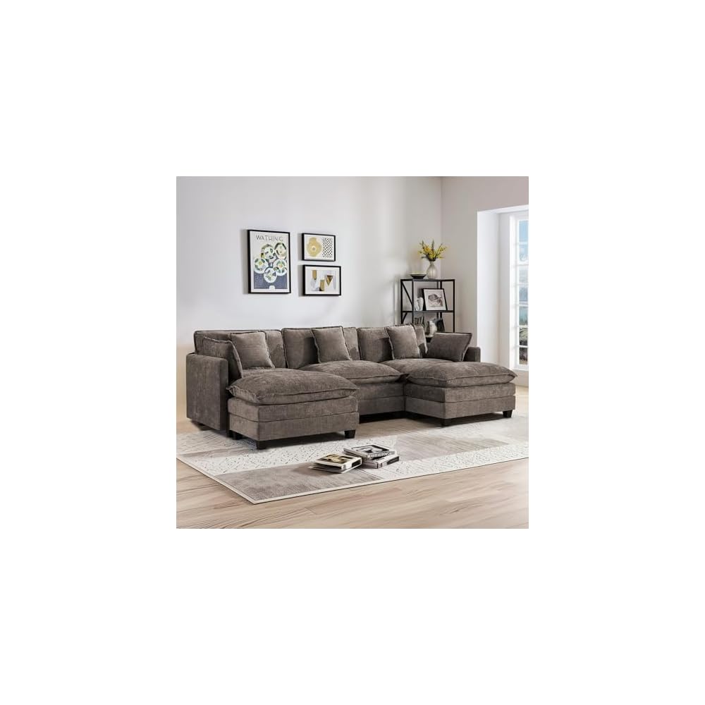 3-Seater Cloud Couch with 2 Ottomans, Oversized Modular Sectional U Shaped Sofa with Deep Seat Cushions, Comfy Chenille Couch for Living Room, Brown