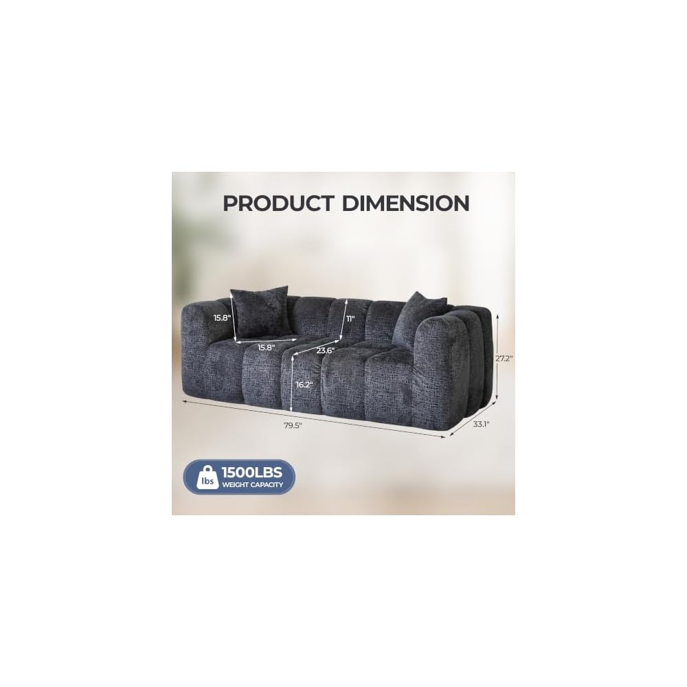 80" Modern Cloud Couch, Deep Seat Boneless Sofa, Upholstered Tufted Couch with 2 Throw Pillows, No Assembly, Dark Gray