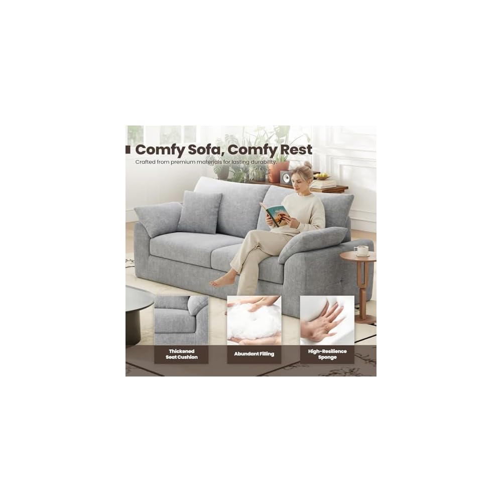 89.8" Cloud Boneless Sofa, Light Grey 2-Seater Loveseat Couch with 4 Pillows, Modern No Assembly Living Room Sofa for Small Spaces, Apartment, Bedroom