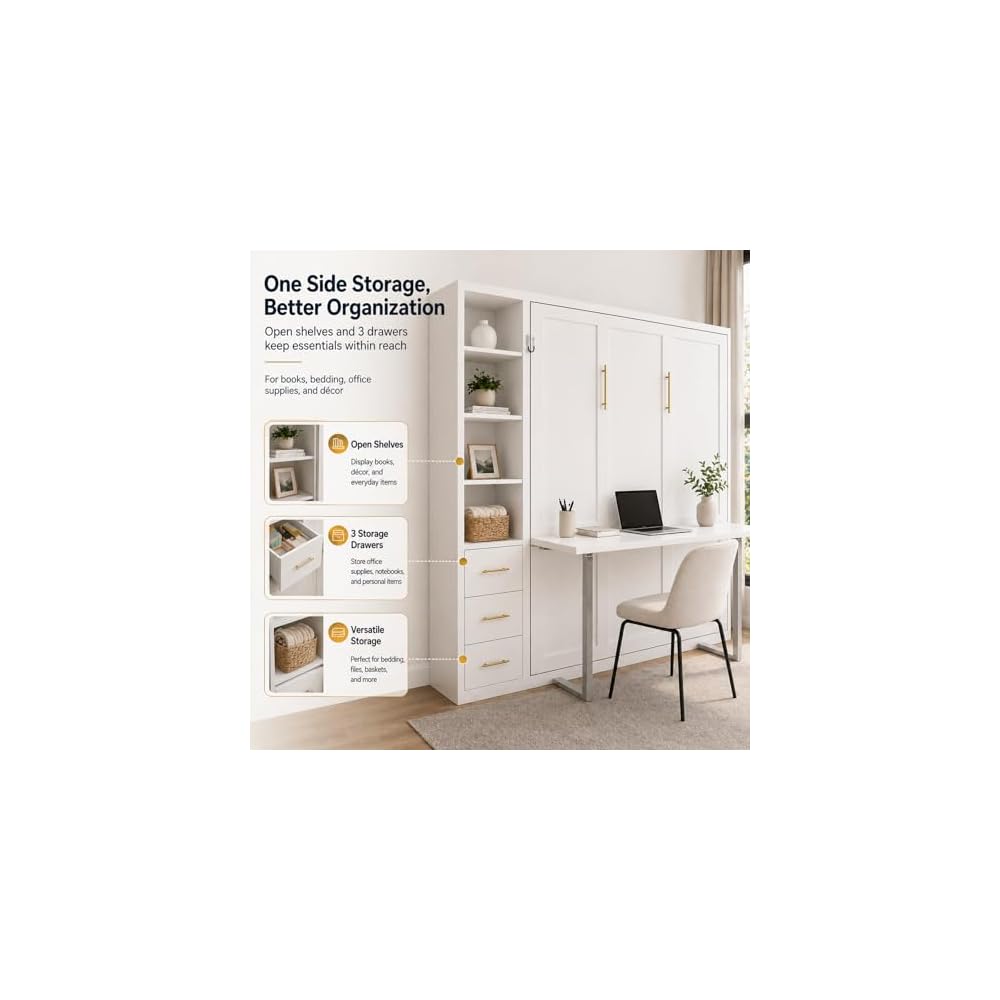 Queen Size Murphy Bed with Desk and Single Side Cabinet, White Wall Bed with Bookcase Shelves, 3 Drawers, Automatic Legs, Hydraulic Assist, Space Saving Bed for Bedroom,Guest Room,Home Office