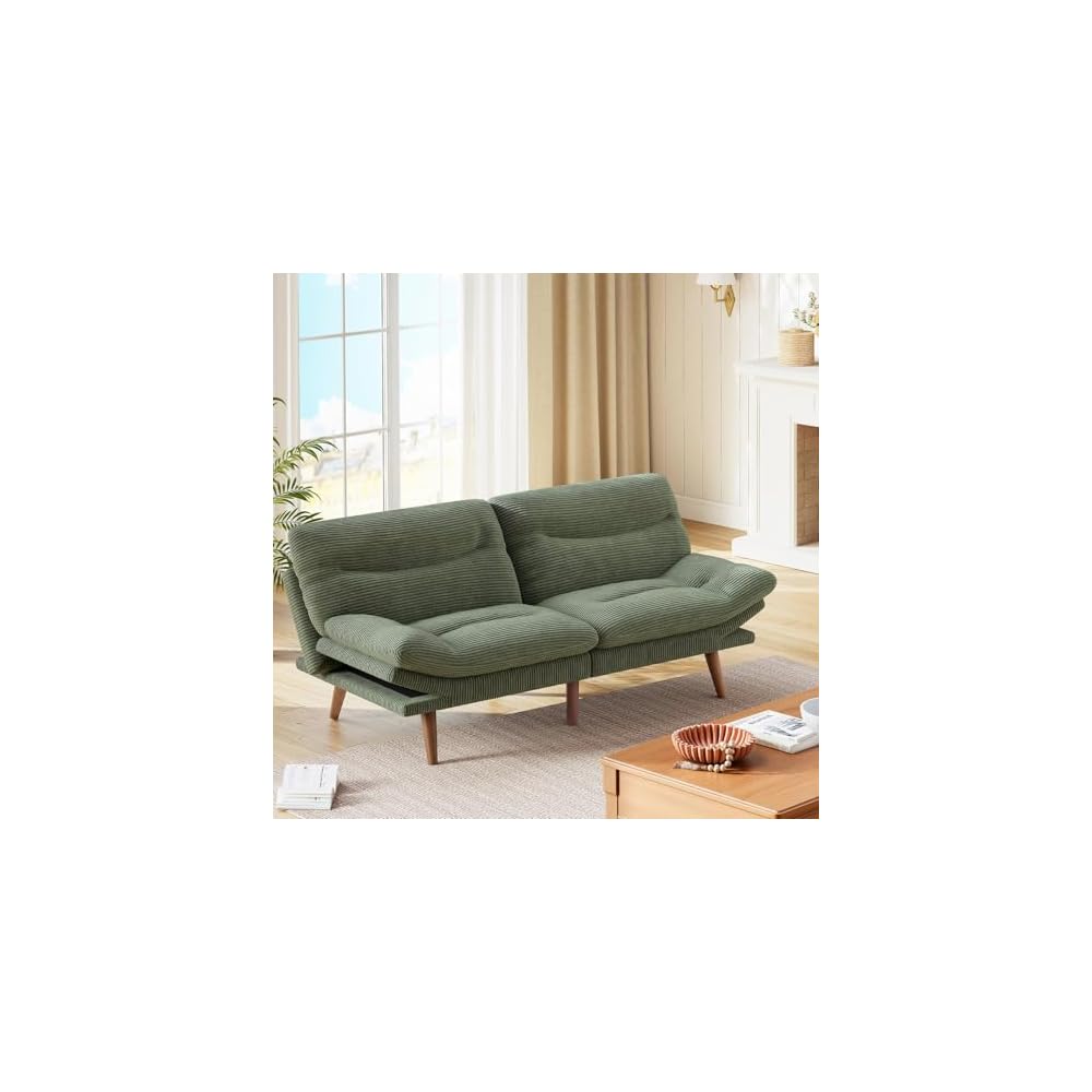 Marsail Futon Sofa Bed, Corduroy Futon Couch with Adjustable Backrest & Armrests, Convertible Small Sleeper Sofa Bed for Small Apartments, Study Room, Office, Green