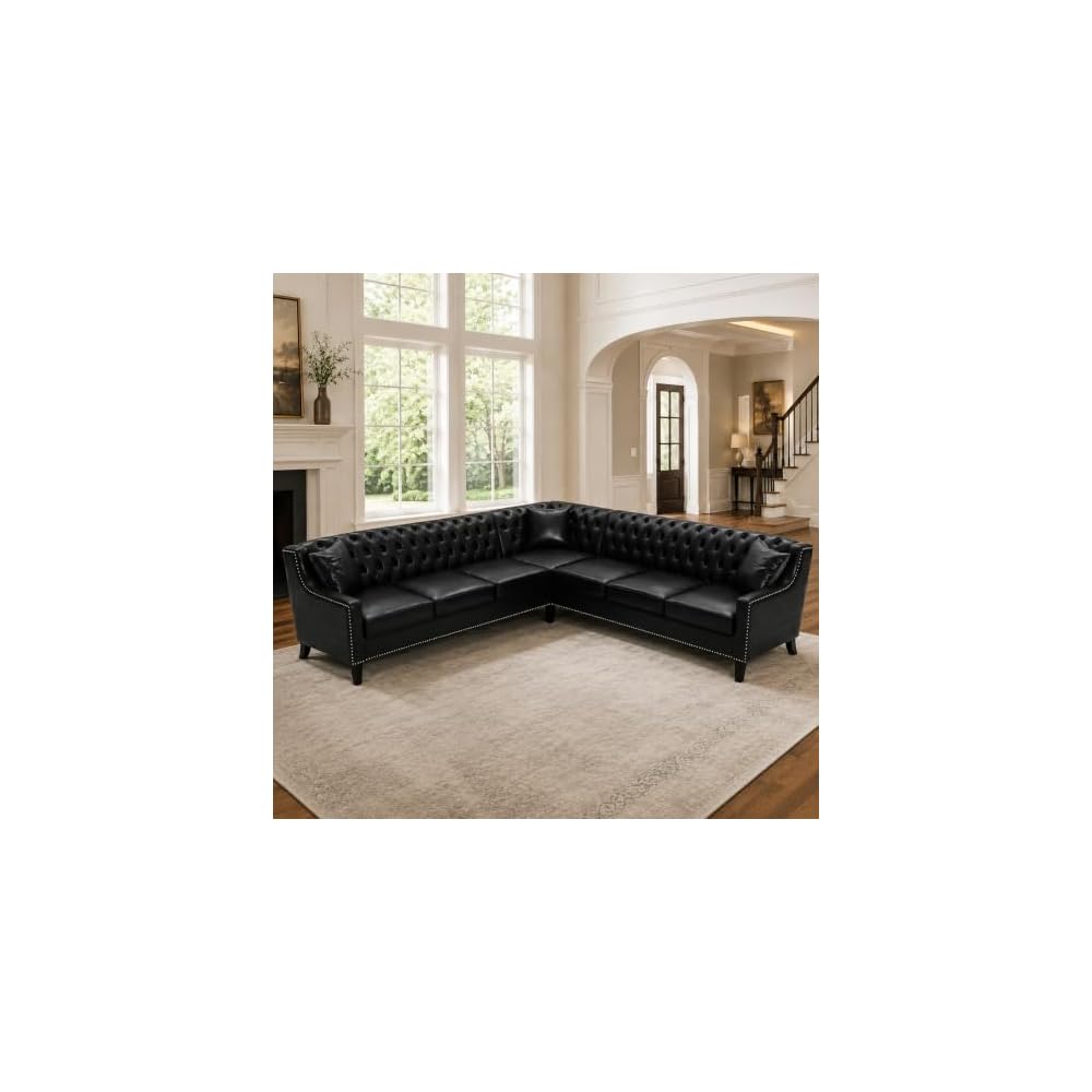 103" L-Shaped Sectional Sofa, Faux Leather Chesterfield Sofa, 6-Seat Black