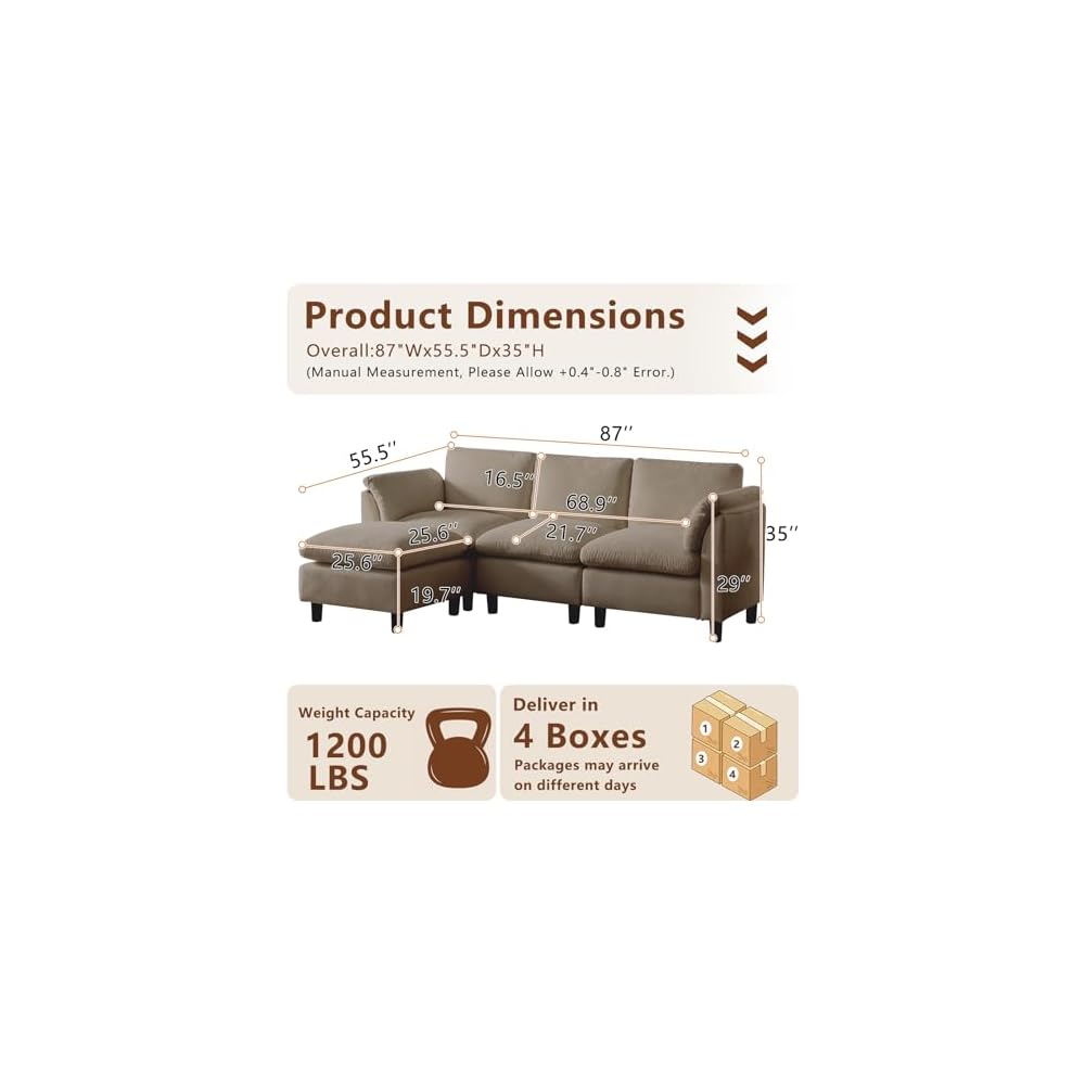 87" Convertible Sectional Sofa Couch,3 Seat L Shaped Sofa with Removable Ottoman,Comfy Chenille Fabric Small Cloud Couch for Living Room, Apartment and Office(Brown)