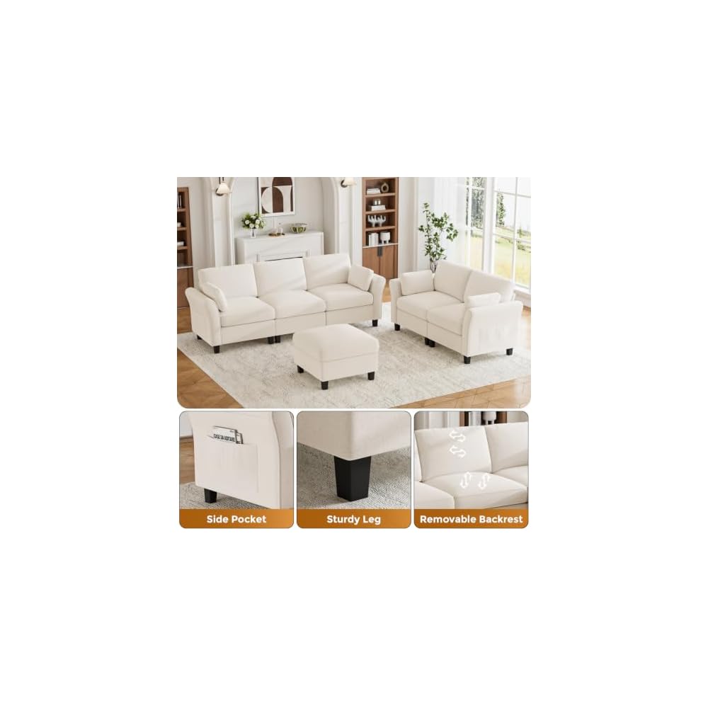 Legend Vansen Modular Sectional Sofa, 6‑Seat Comfy U‑Shaped Sectional Couch with Storage Space and Chaise, Convertible Sectional Couches for Living Room,Sofas Set with Curved Armrests,Cream