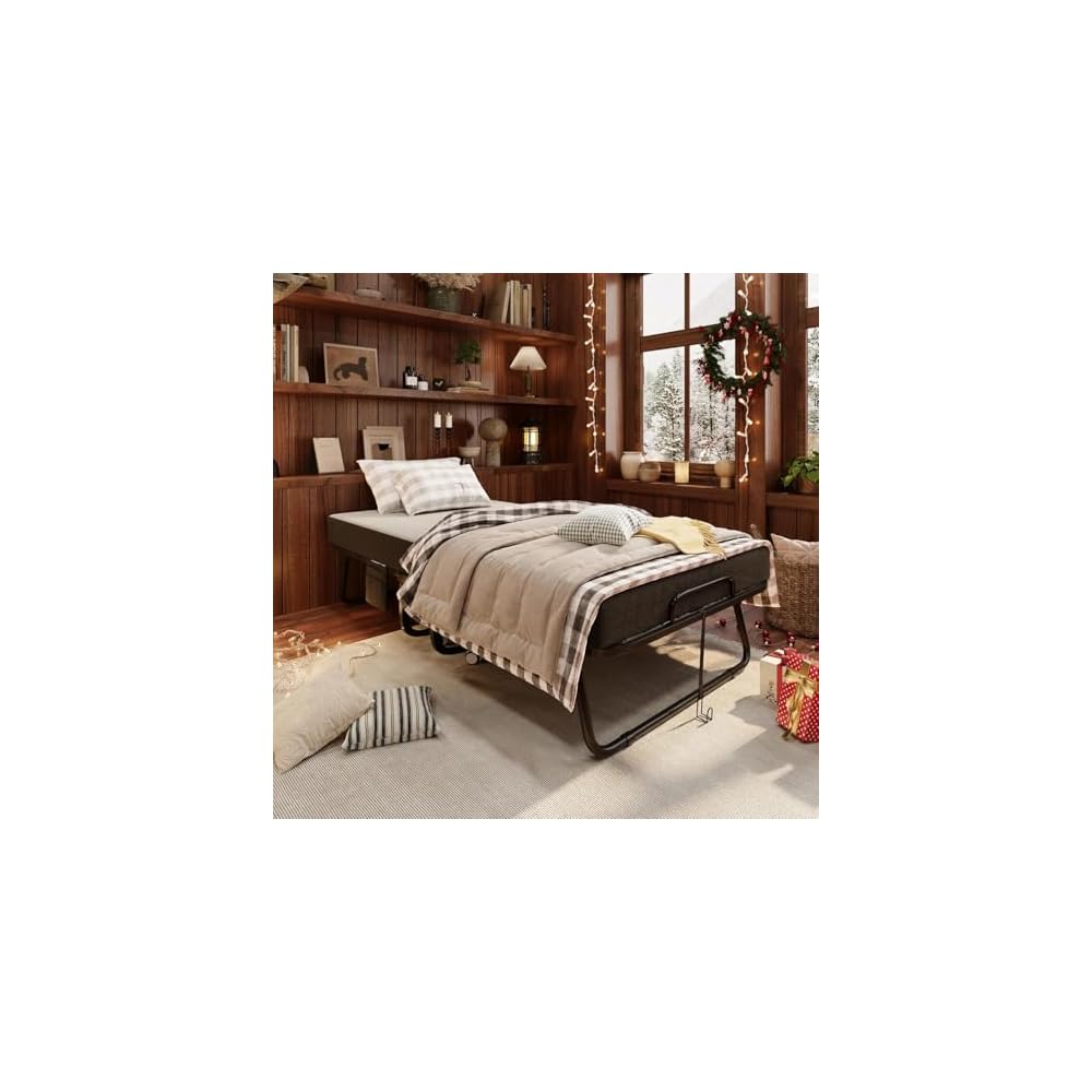 Folding Bed with Mattress, Portable Rollaway Bed for Adults - Foldable Cot Size Bed Frame with 5" Memory Foam Mattress and Storage Cover, Guest Day Bed with Metal Fold Up Bed on Wheels, 75"x31"