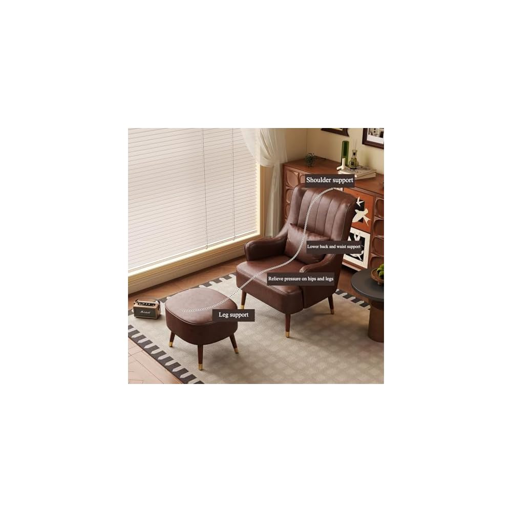 PU Leather Accent Chair Italian Style Single Sofa Genuine Leather Cigar American Style Exquisite Furniture Compression Resistant & Collapse Resistant for Living Lounge Whisky Bar(with Footstool)