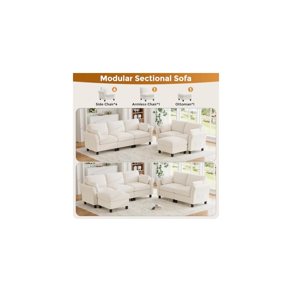 Legend Vansen Modular Sectional Sofa, 6‑Seat Comfy U‑Shaped Sectional Couch with Storage Space and Chaise, Convertible Sectional Couches for Living Room,Sofas Set with Curved Armrests,Cream