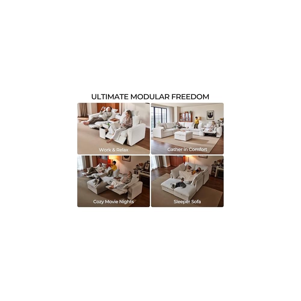 125" Modular Power Reclining Sectional 3 Seater Sofa with Ottoman, Chenille