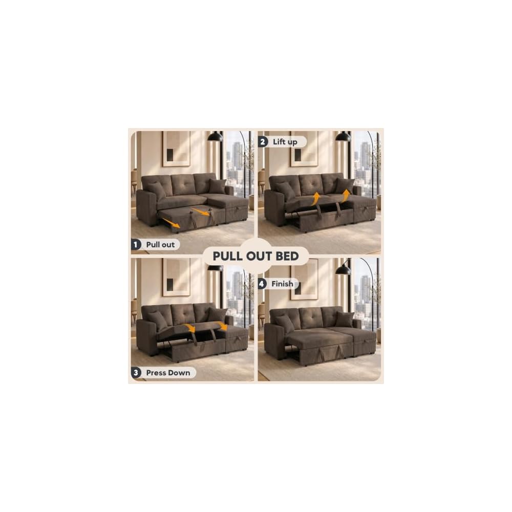 71" L-Shaped Couch with Pull-Out Bed, Linen-Look Fabric, Brown