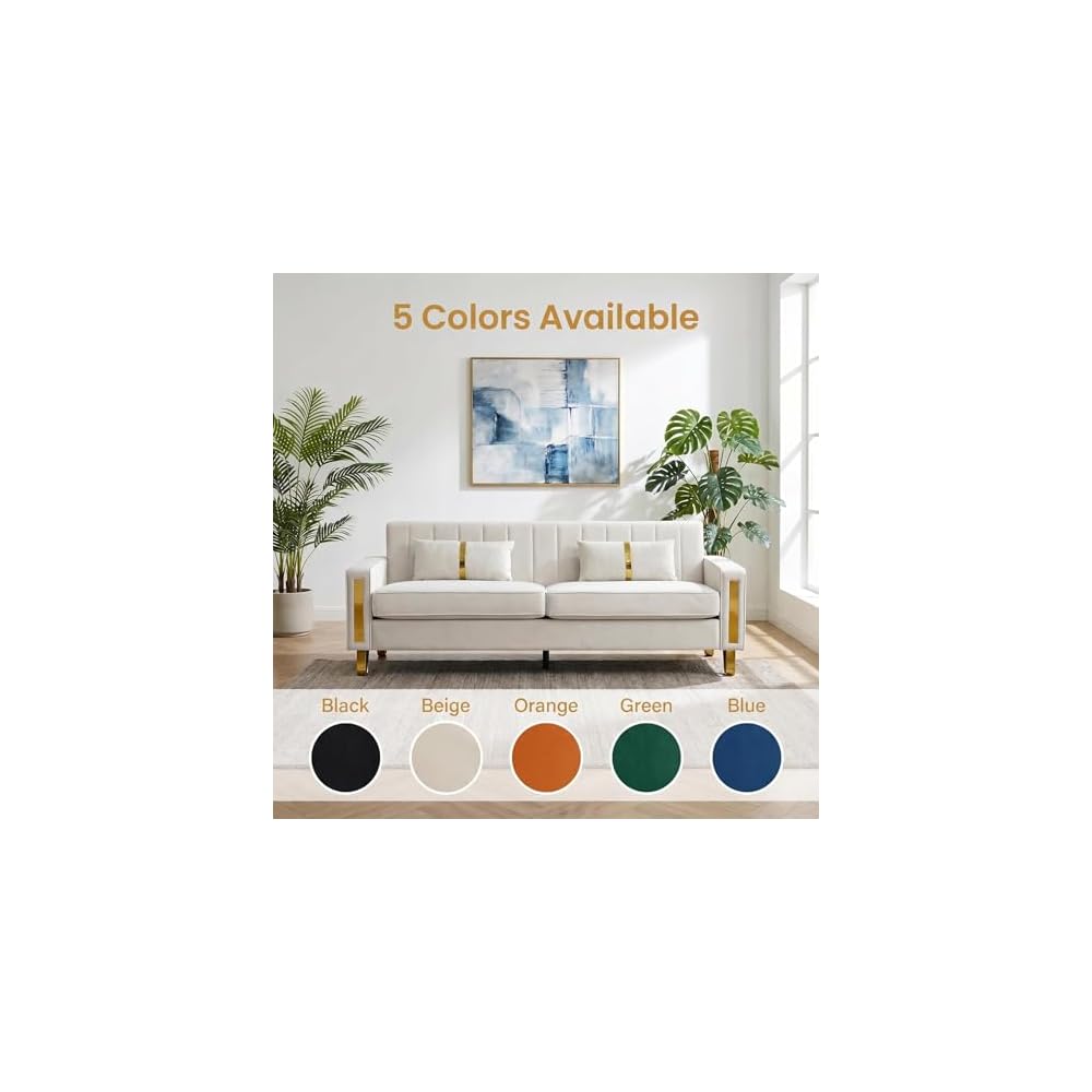 85" Sofa Couch,Velvet Sofa with 2 Pillows & Gold Legs,750 LBs Sturdy Frame Modern Couch for Bedroom,Apartment,Office