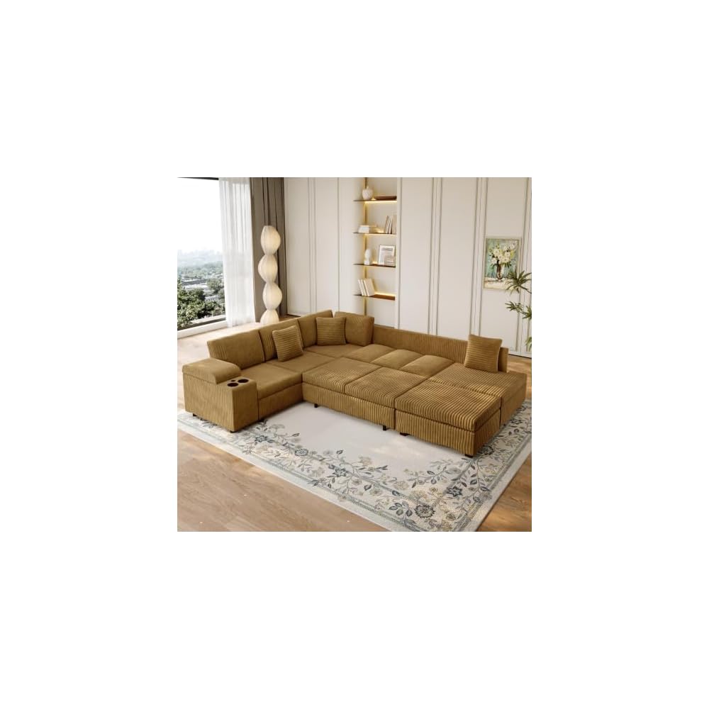110" L-Shaped Modular Sectional Couch with Pull-Out Bed, Corduroy Convertible 6-Seater Sleeper Sofa Bed with USB Ports & Cup Holders for Living Room, Easy Assembly, Camel