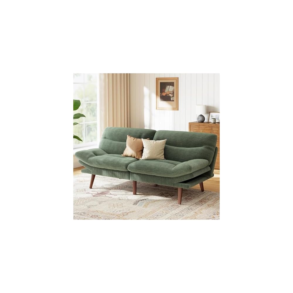 Marsail Futon Sofa Bed, Corduroy Futon Couch with Adjustable Backrest & Armrests, Convertible Small Sleeper Sofa Bed for Small Apartments, Study Room, Office, Green