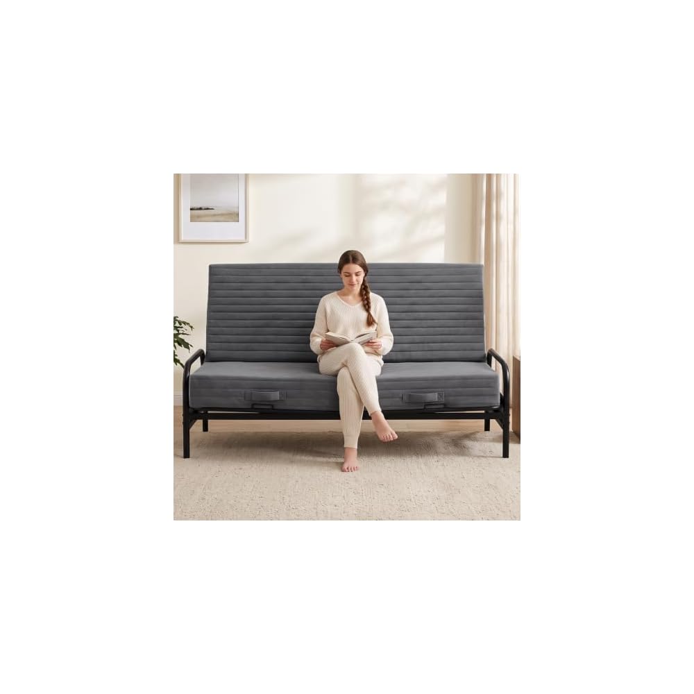6 Inch Futon Mattress Full Size, Foldable Futon Floor Sofa Bed with Soft Thick Quilted Cover- High Resilience Foam Filling for Home, Guest Room, Dorm, Grey (Frame Not Included)