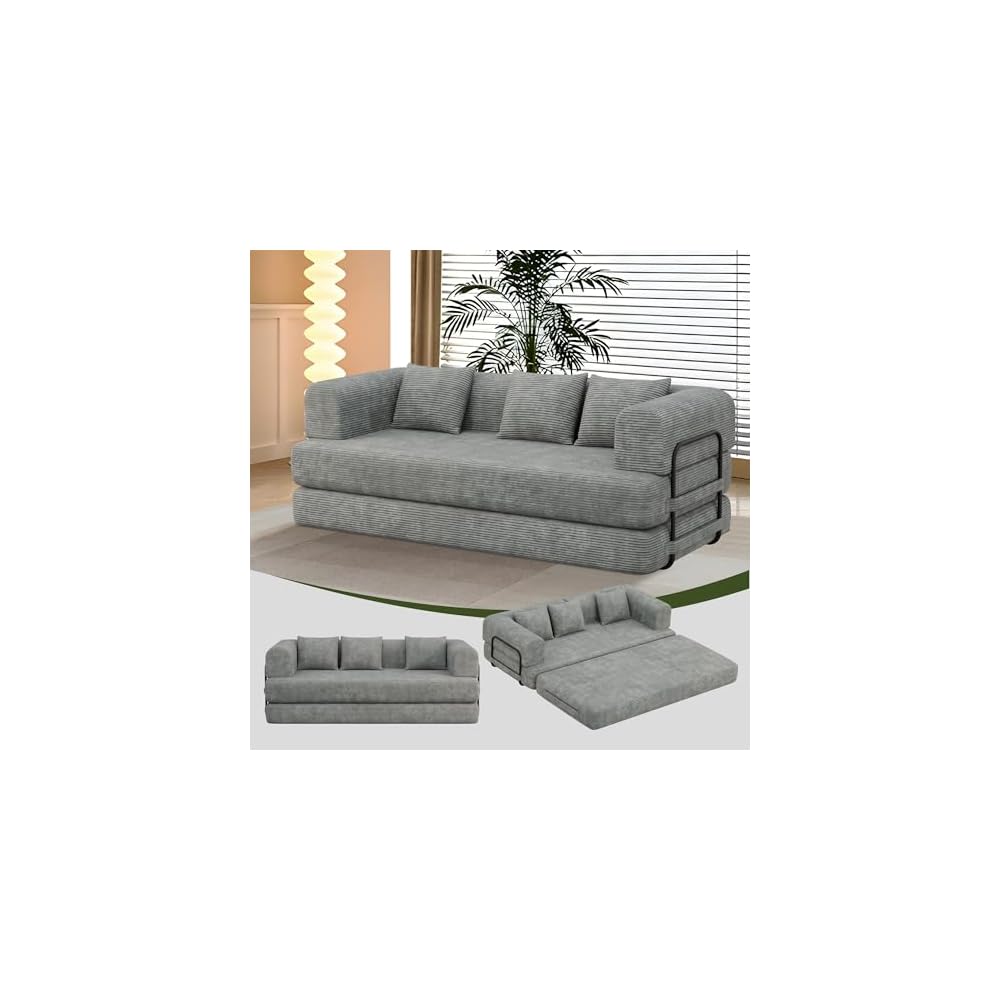 HAOBO Home Convertible Sofa Bed Compression Sofa with Armrests and Backrest Corduroy Sleeper Sofa Bed with 3 Pillows Modular Sectional for Living Room, Bedroom, Lounge, Studio