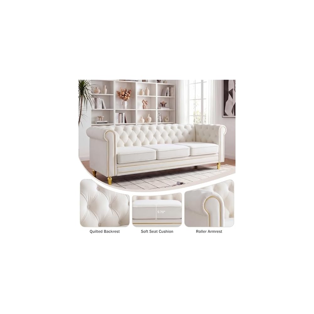 84'' Velvet Chesterfield Sofa,3 Seater Mid-Century Modern Couch,Beige