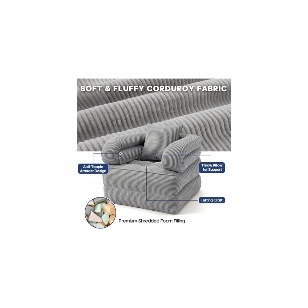 Folding Sofa Bed, Convertible Sleeper Chair with Armrests for Adults, Foldable Corduroy Boneless Bed, 3-in-1 Portable Futon Couch Floor Sofa with Pillow for Bedroom, Living Room, Gray