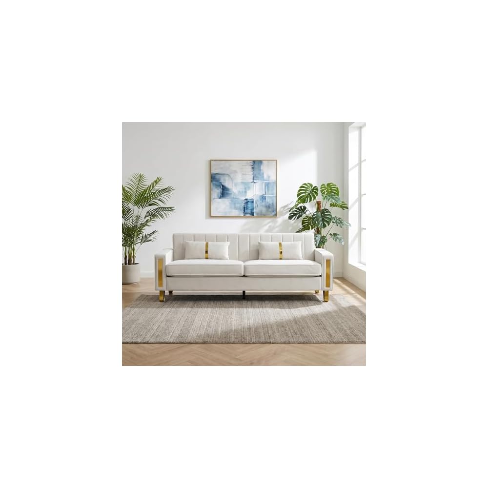 85" Sofa Couch,Velvet Sofa with 2 Pillows & Gold Legs,750 LBs Sturdy Frame Modern Couch for Bedroom,Apartment,Office