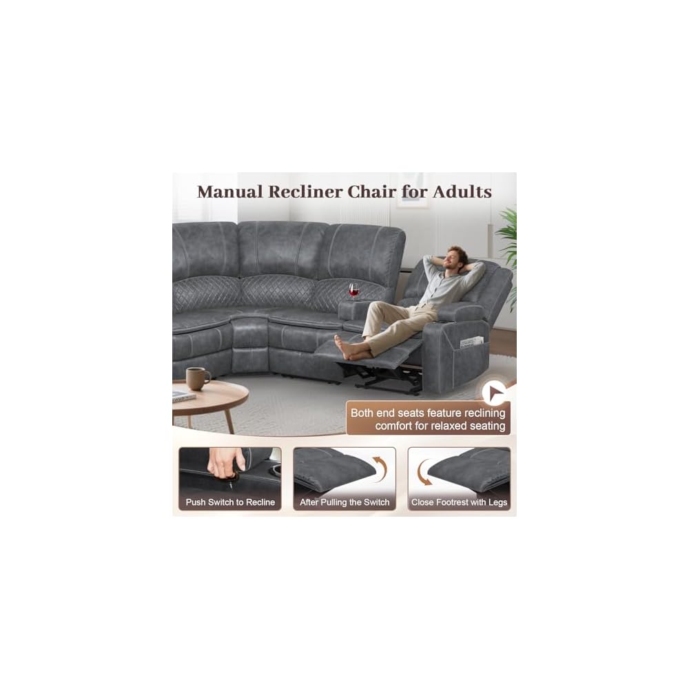 Upgraded 5 Seater Reclining Sofa Set, Living Room Couch (Velvet,Grey)