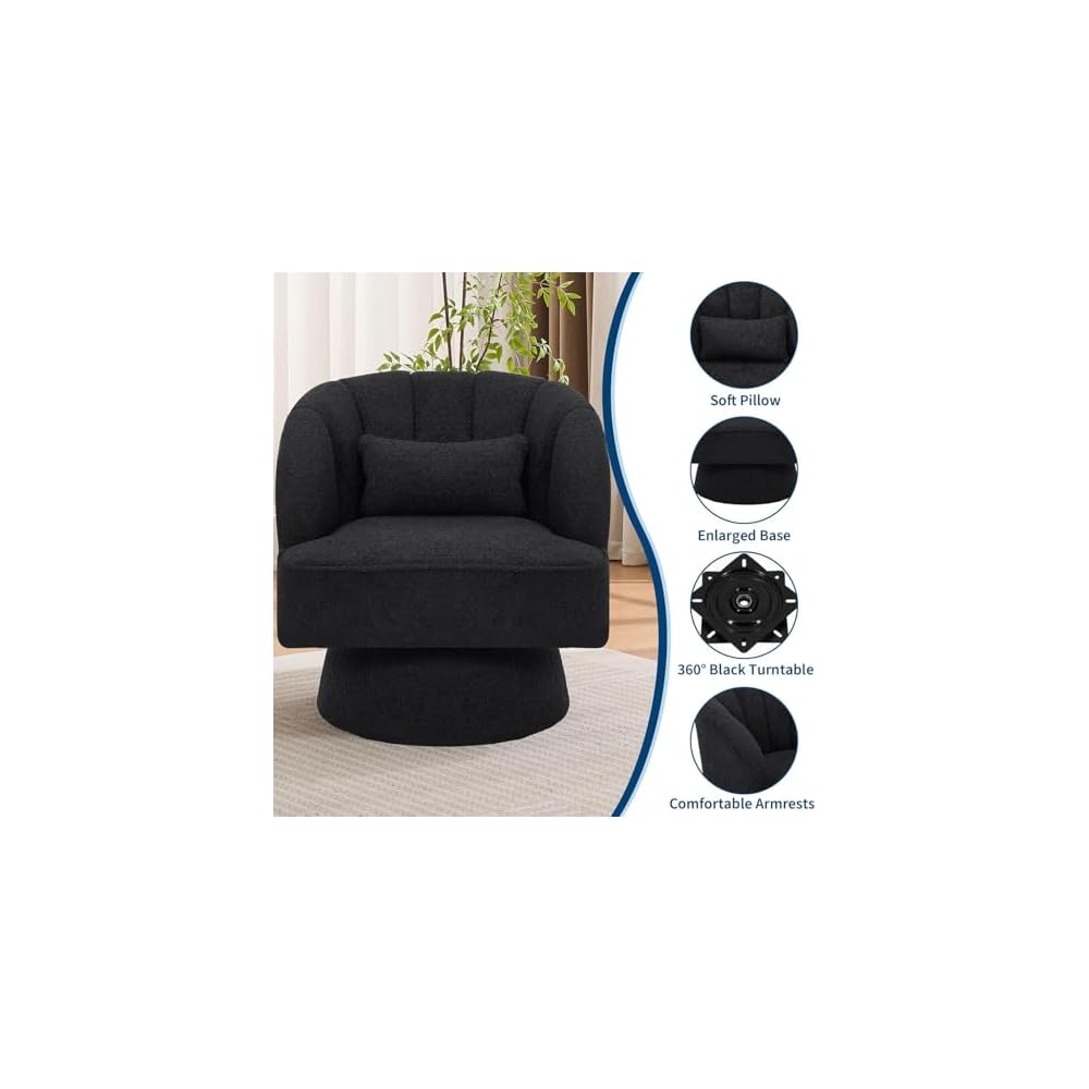 Set of 2 Modern Teddy Fabric Swivel Barrel Chairs, 360° Rotating Lounge Armchairs with Striped Backrest and Soft Cushion, Comfy Accent Chairs for Living Room, Bedroom, or Reading Nook, Black