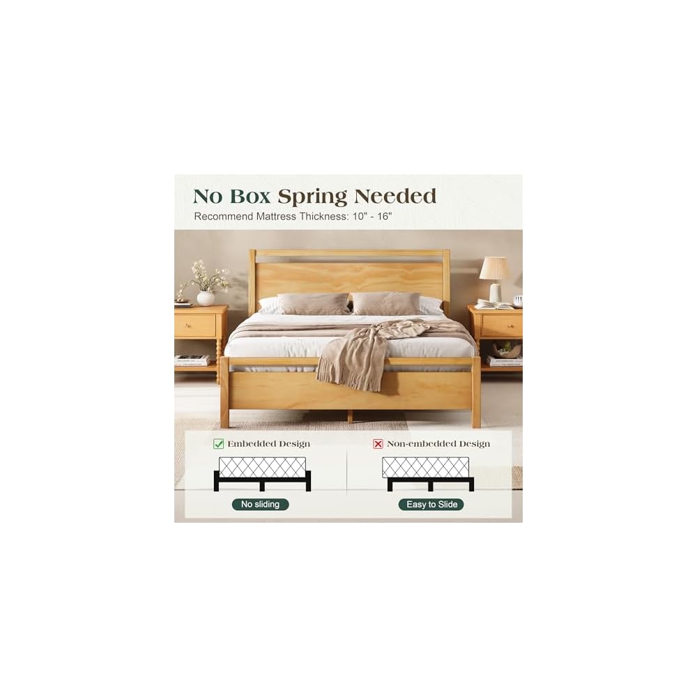 AMERLIFE Minimalist King Size Solid Wood Bed Frame with Headboard