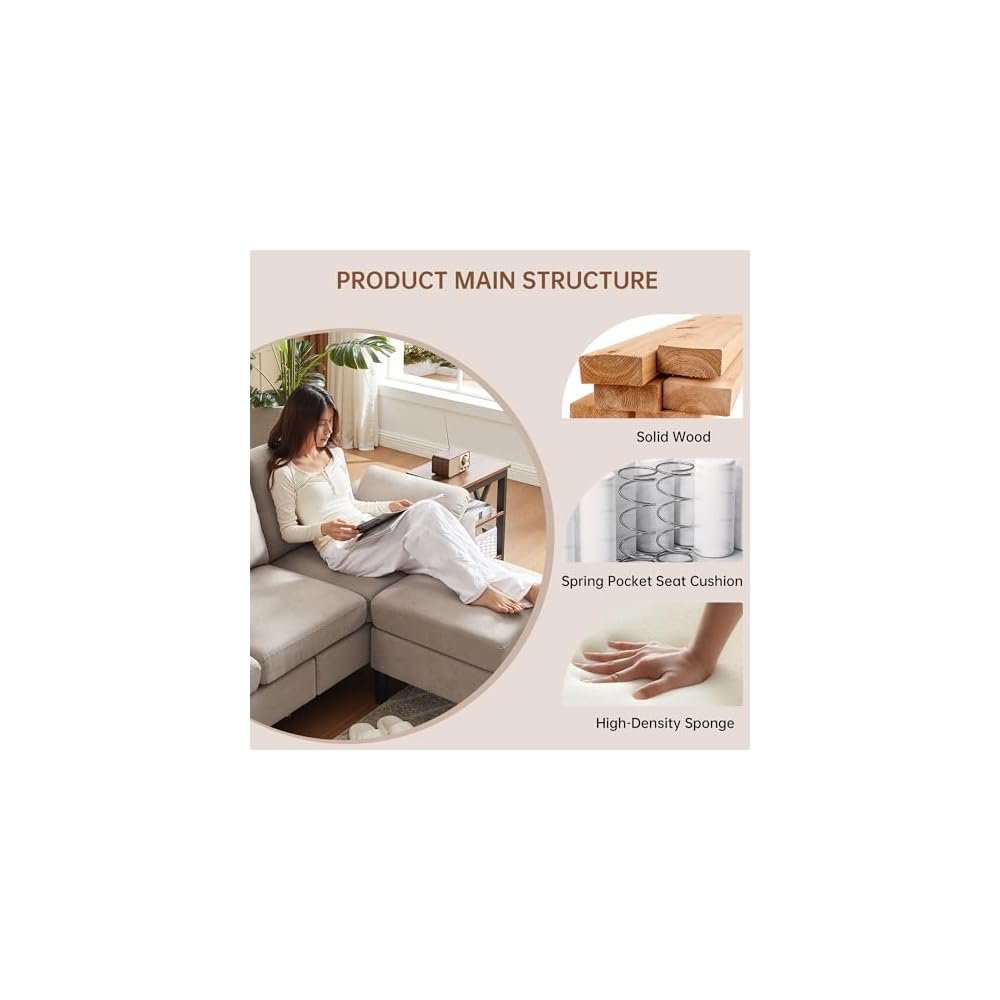 Sectional Sofa for Living Room, 80" L Shaped 3 Seater Couch with Movable Storage Ottoman Armrest Pillows, Polyster Fabre Comfy Sofa for Small Spaces, Beige