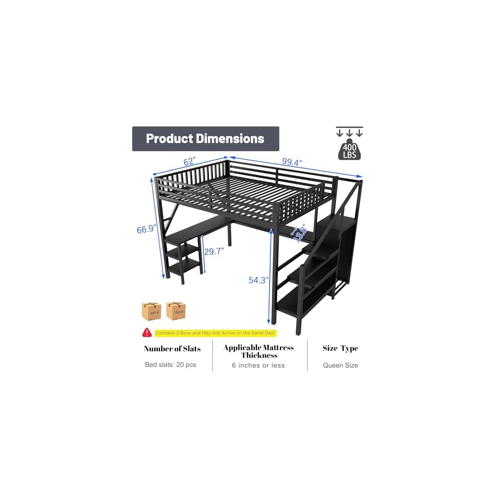 Queen Size Loft Bed with Desk and Stairs,Metal Gaming Loft Bed Queen with Wardrobe and Shelf, High Loft Bed with LED & USB Charging Station for Teens, Adults, Space Saving Design,Black