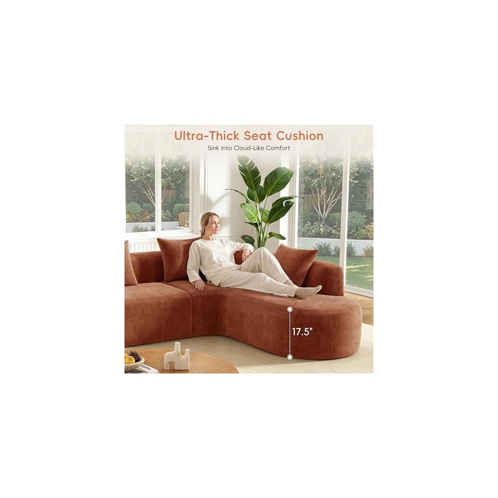 116.5" Boneless Curved Cloud Couch, Oversized L-Shaped Sofa 4 Seater Sectional, Chenille Wrinkle-Resistant, High-Resilience & Memory Foam, No Assembly, with 4 Accent Pillows (Orange)