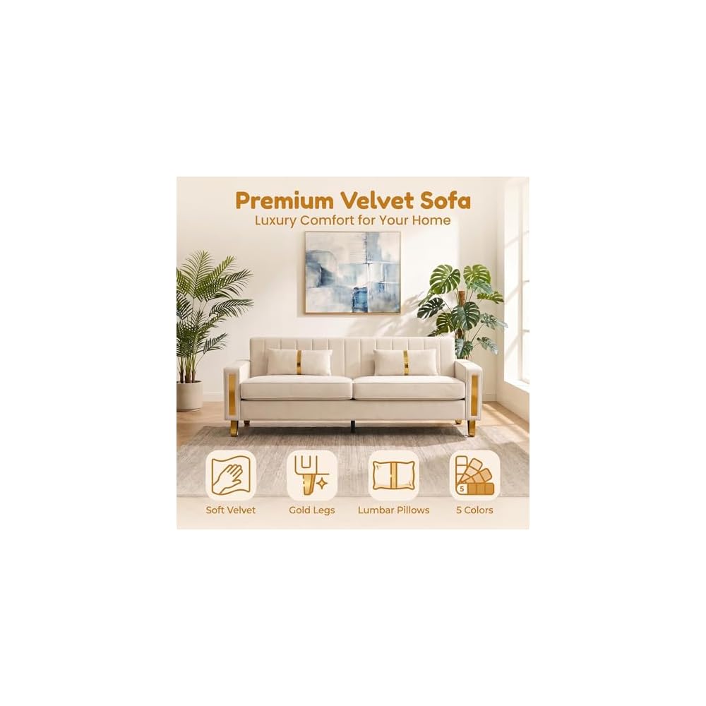 85" Sofa Couch,Velvet Sofa with 2 Pillows & Gold Legs,750 LBs Sturdy Frame Modern Couch for Bedroom,Apartment,Office