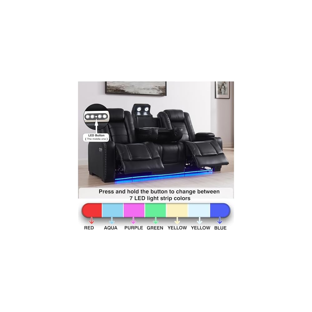 3 Seats Black PU Breather Leather Power Recliner Sofa for Living Room.