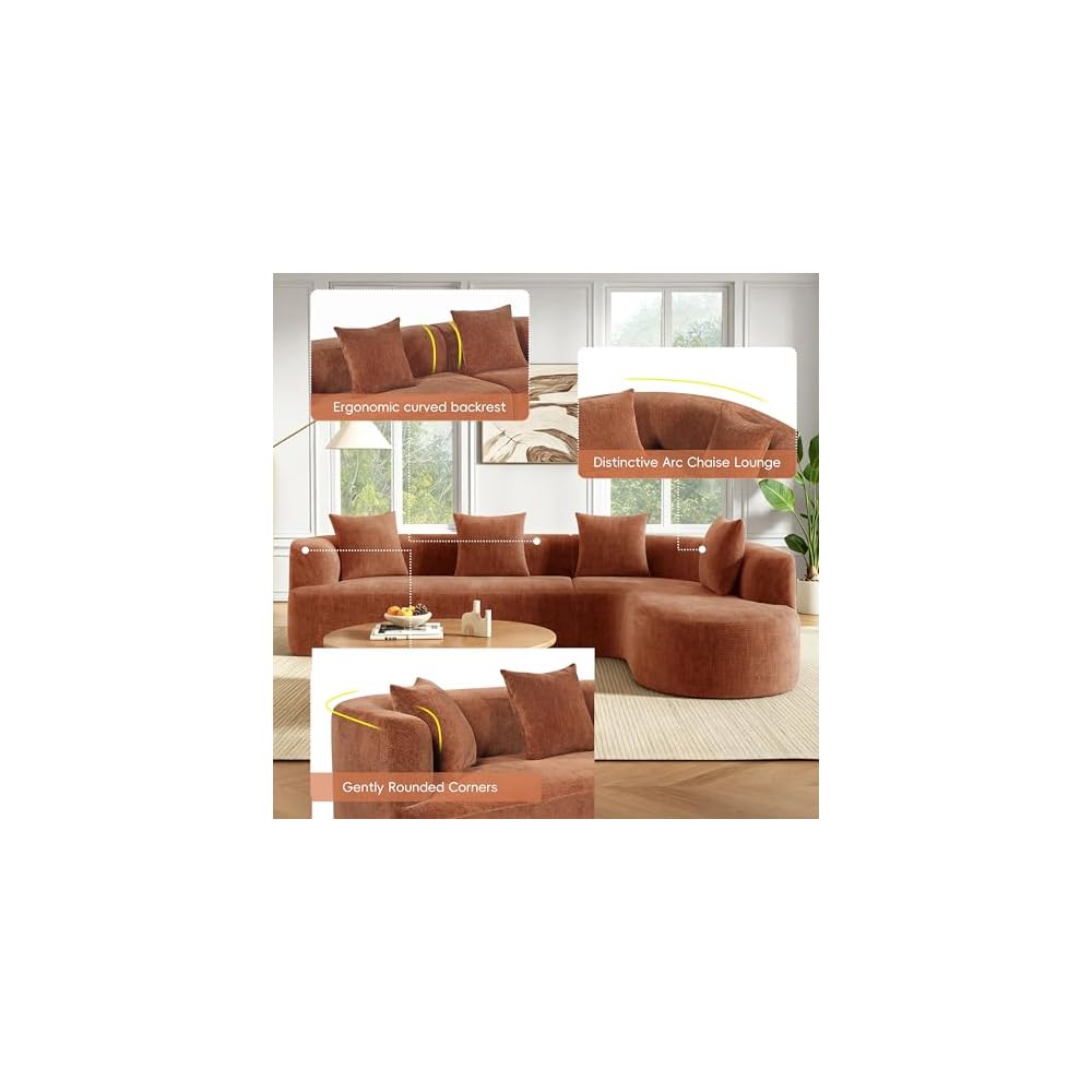 116.5" Boneless Curved Cloud Couch, Oversized L-Shaped Sofa 4 Seater Sectional, Chenille Wrinkle-Resistant, High-Resilience & Memory Foam, No Assembly, with 4 Accent Pillows (Orange)