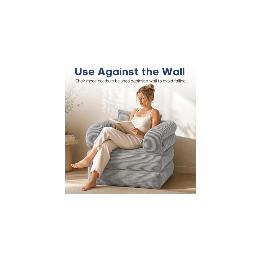 Folding Sofa Bed, Convertible Sleeper Chair with Armrests for Adults, Foldable Corduroy Boneless Bed, 3-in-1 Portable Futon Couch Floor Sofa with Pillow for Bedroom, Living Room, Gray