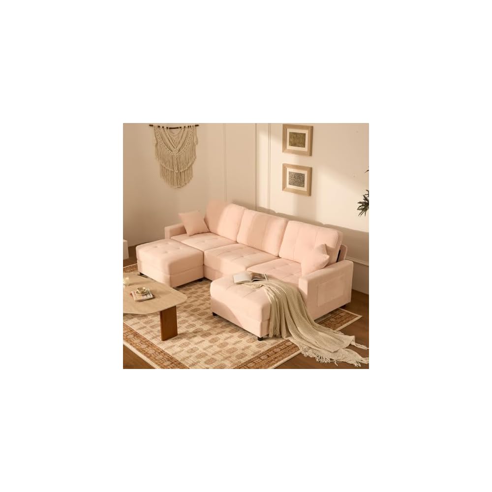 112" U Shaped Modular Cloud Sectional Couch, Waffle Fabric, Pink