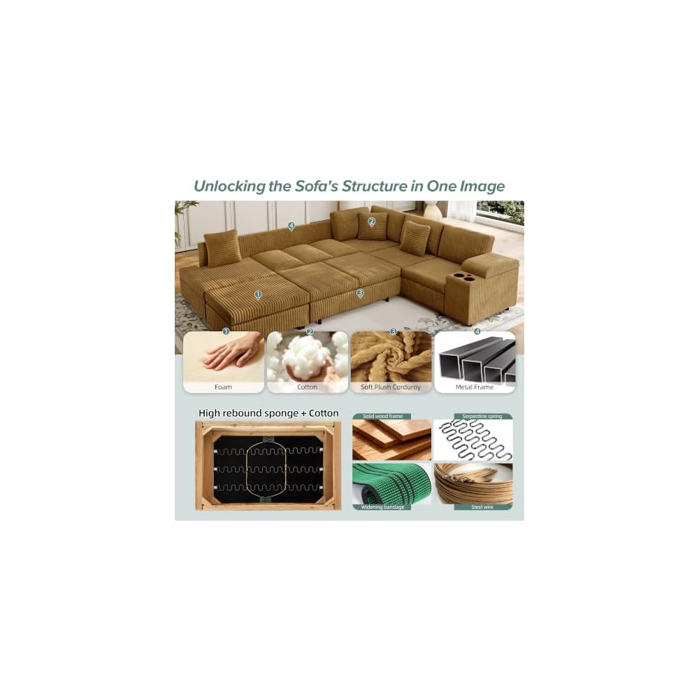 110" L-Shaped Modular Sectional Couch with Pull-Out Bed, Corduroy Convertible 6-Seater Sleeper Sofa Bed with USB Ports & Cup Holders for Living Room, Easy Assembly, Camel
