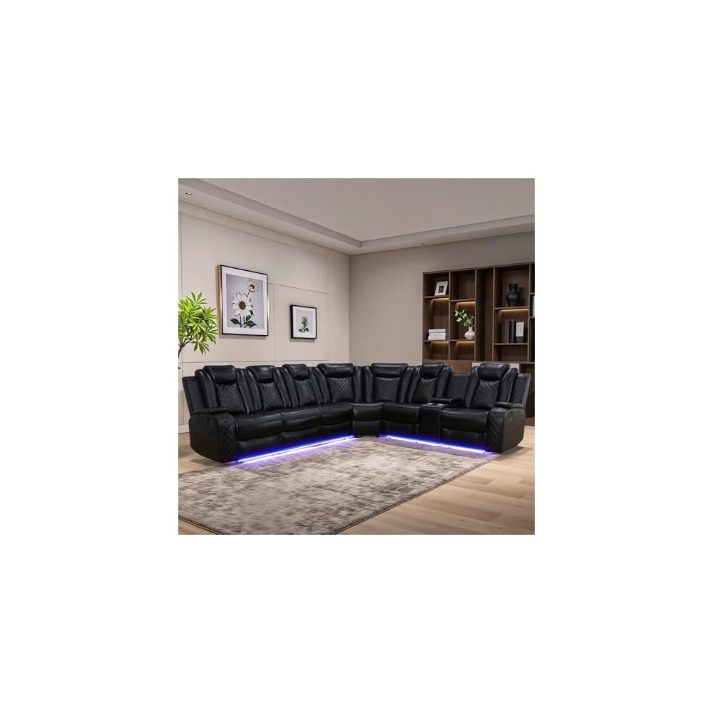 Power Recliner Sectional Sofa Set for Living Room, Leather Recliner Sofa Sets, L-Shaped Corner Sectional Couch Sets with LED Lights, Console Storage(Sectional,Black)