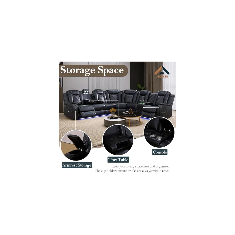 Power Recliner Sectional Sofa Set for Living Room, Leather Recliner Sofa Sets, L-Shaped Corner Sectional Couch Sets with LED Lights, Console Storage(Sectional,Black)