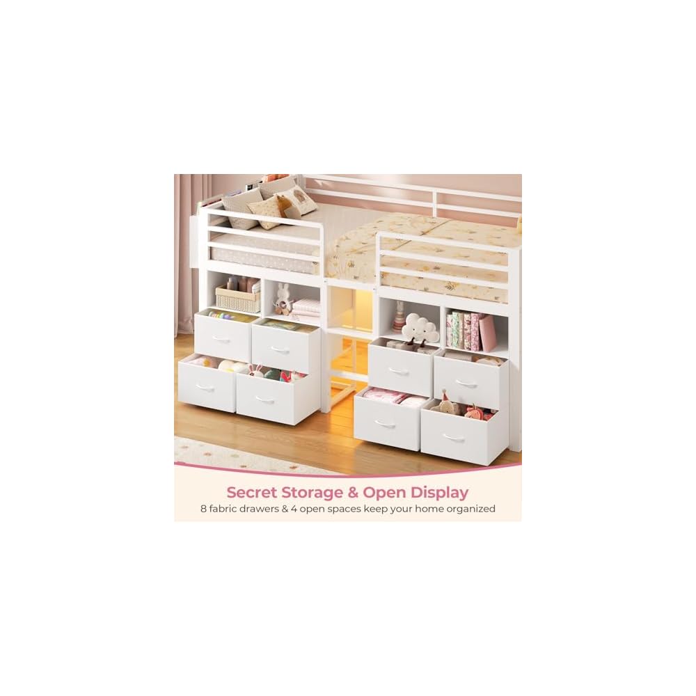 ADORNEVE Low Loft Bed Twin Size with 8 Storage Drawers for Kids, White