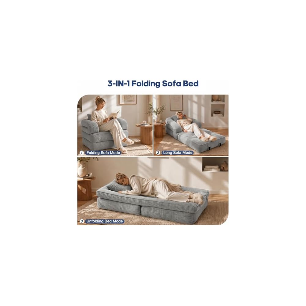 Folding Sofa Bed, Convertible Sleeper Chair with Armrests for Adults, Foldable Corduroy Boneless Bed, 3-in-1 Portable Futon Couch Floor Sofa with Pillow for Bedroom, Living Room, Gray