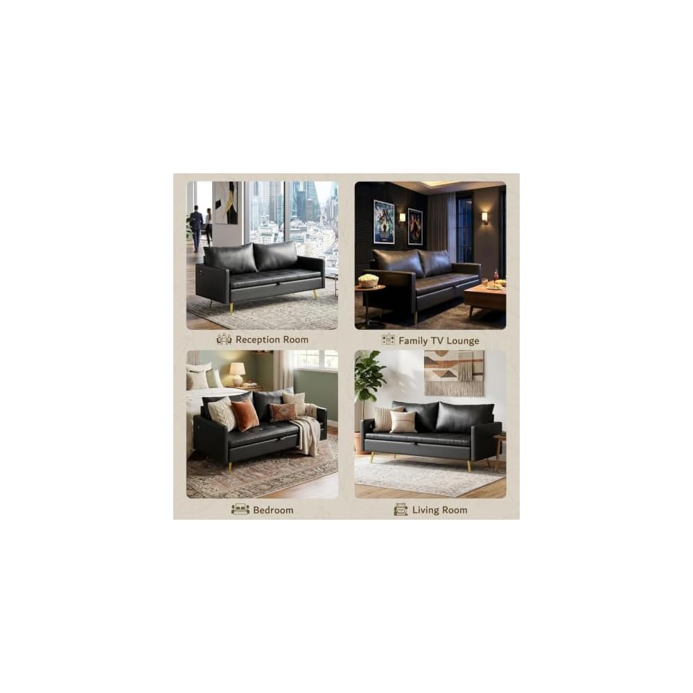 Mid Century Modern 60 In Black Loveseat Storage Sofa 2 Seat With USB Ports