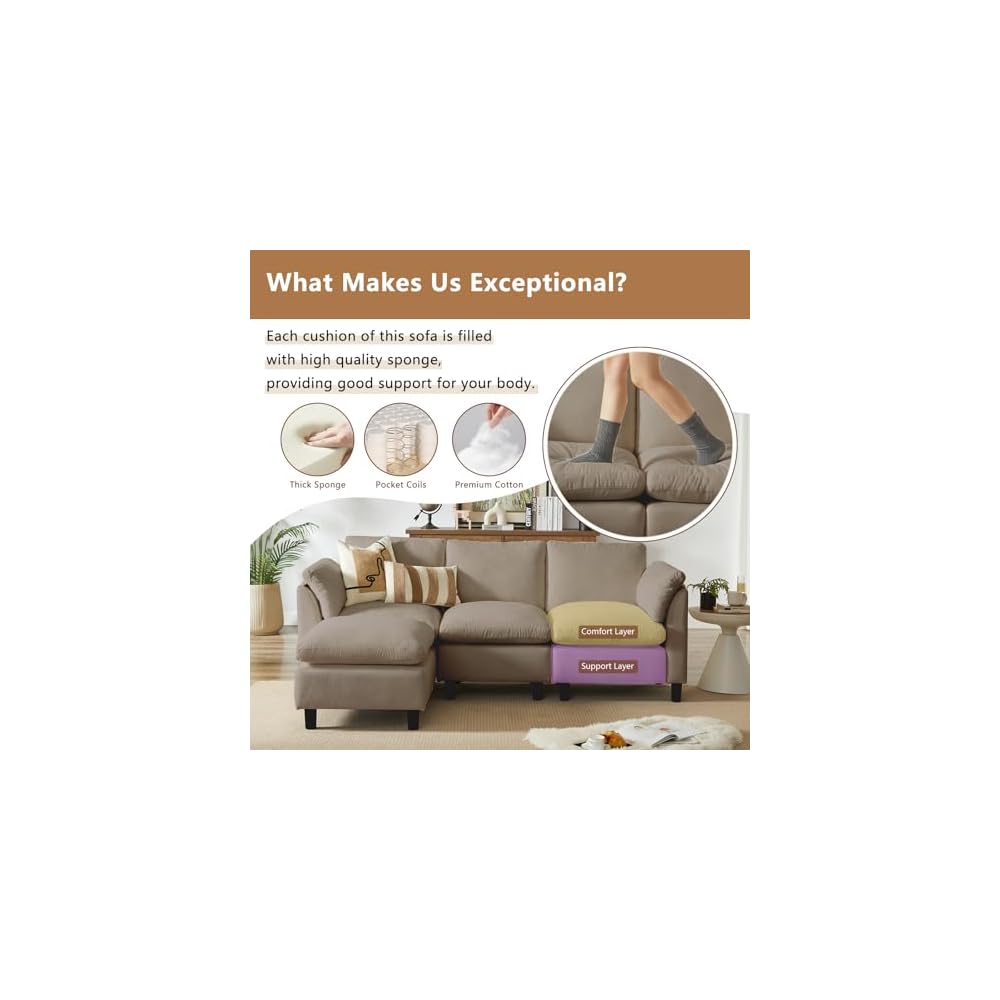 87" Convertible Sectional Sofa Couch,3 Seat L Shaped Sofa with Removable Ottoman,Comfy Chenille Fabric Small Cloud Couch for Living Room, Apartment and Office(Brown)