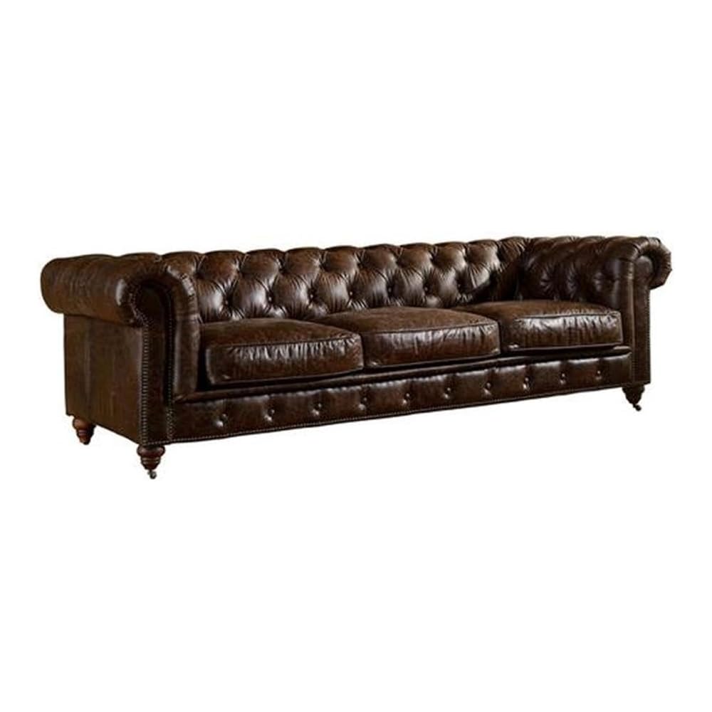 Pemberly Row Top Grain Leather Fully Assembled Chesterfield 95" Leather Sofa in Brown Finish, Full-Size Living Room Seating, Upholstered Leather Sofa for Residential or Commercial Use