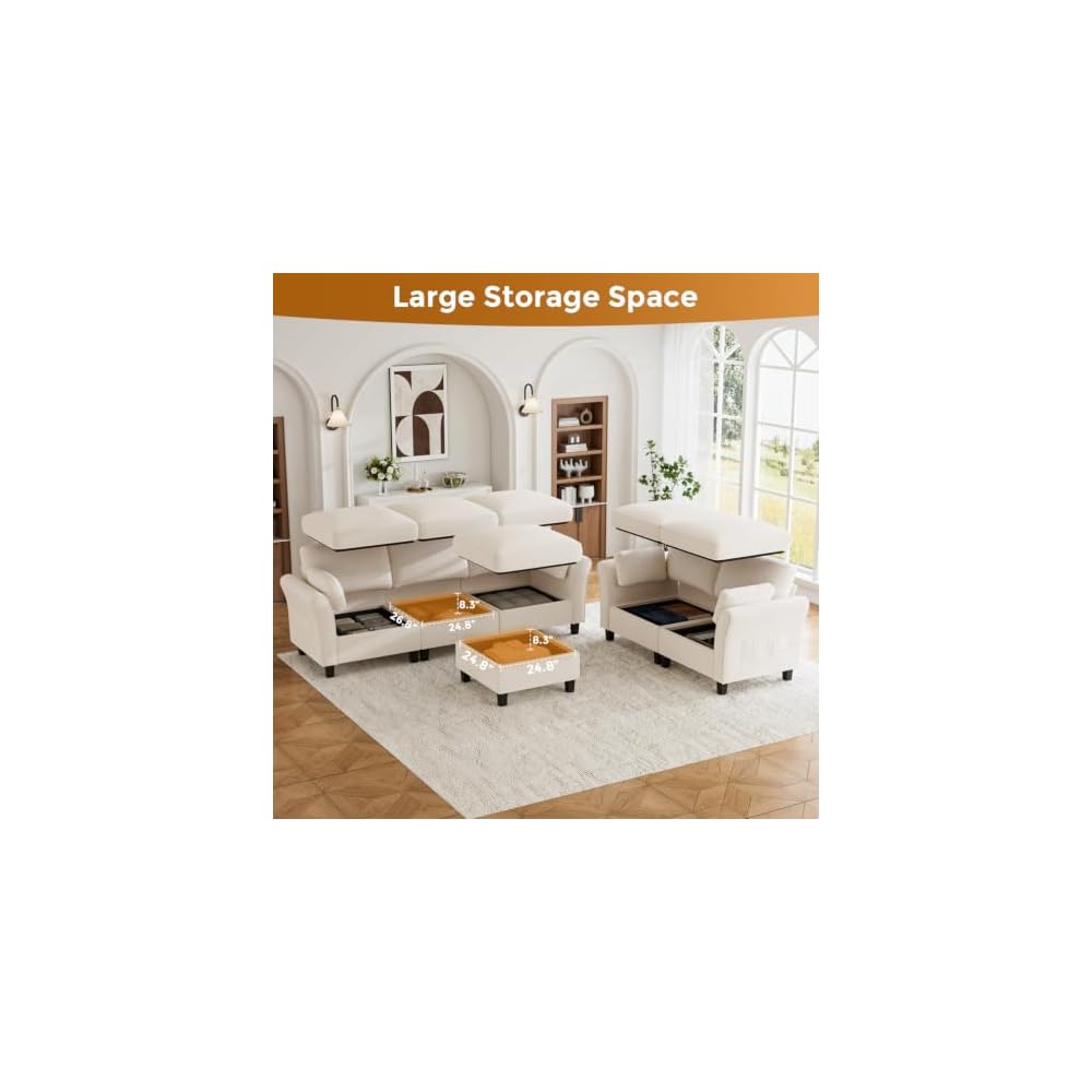Legend Vansen Modular Sectional Sofa, 6‑Seat Comfy U‑Shaped Sectional Couch with Storage Space and Chaise, Convertible Sectional Couches for Living Room,Sofas Set with Curved Armrests,Cream