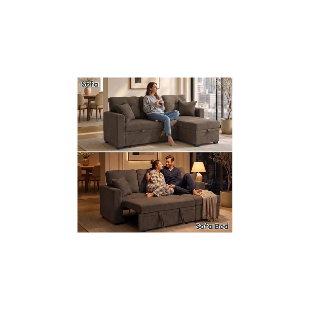 71" L-Shaped Couch with Pull-Out Bed, Linen-Look Fabric, Brown