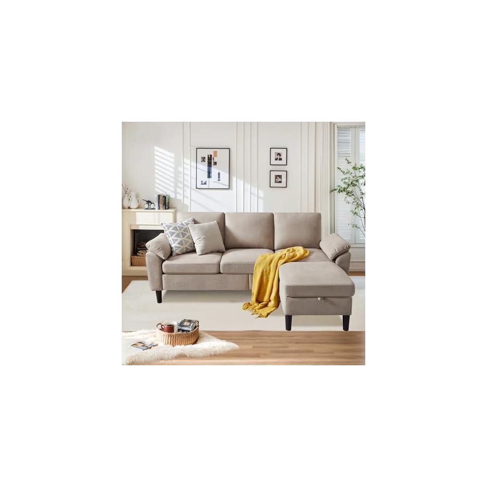 Sectional Sofa for Living Room, 80" L Shaped 3 Seater Couch with Movable Storage Ottoman Armrest Pillows, Polyster Fabre Comfy Sofa for Small Spaces, Beige