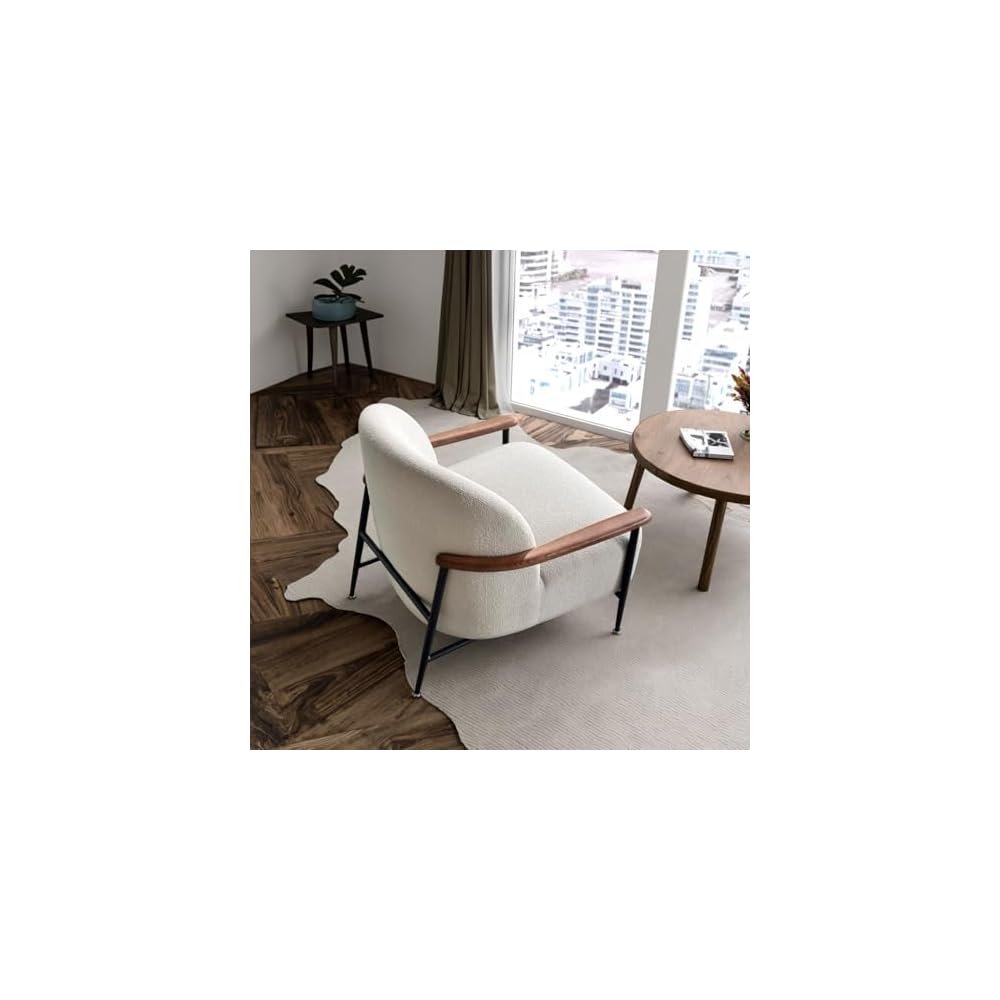 Modern Bouclé Accent Chair with Metal Frame and Wood Armrests, Upholstered Lounge Armchair, Contemporary Leisure Chair for Living Room, Bedroom, Office (White)
