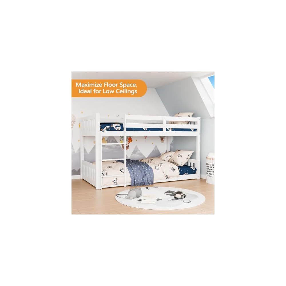 JOYMOR Solid Wood Low Twin Over Twin Bunk Bed for Kids/Junior, Bunk Bed Frame with Guardrails & Ladder for Boys Girls, No Box Spring Needed (White)