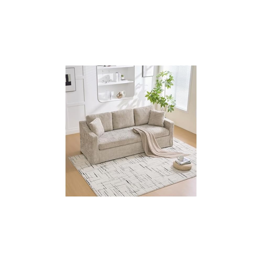 Modern Casual Sofa 83.86" Wide, Chenille Fabric, Deep Seat, 3-Seater with Removable Cover for Living Room, Bedroom, Apartment, Wheat